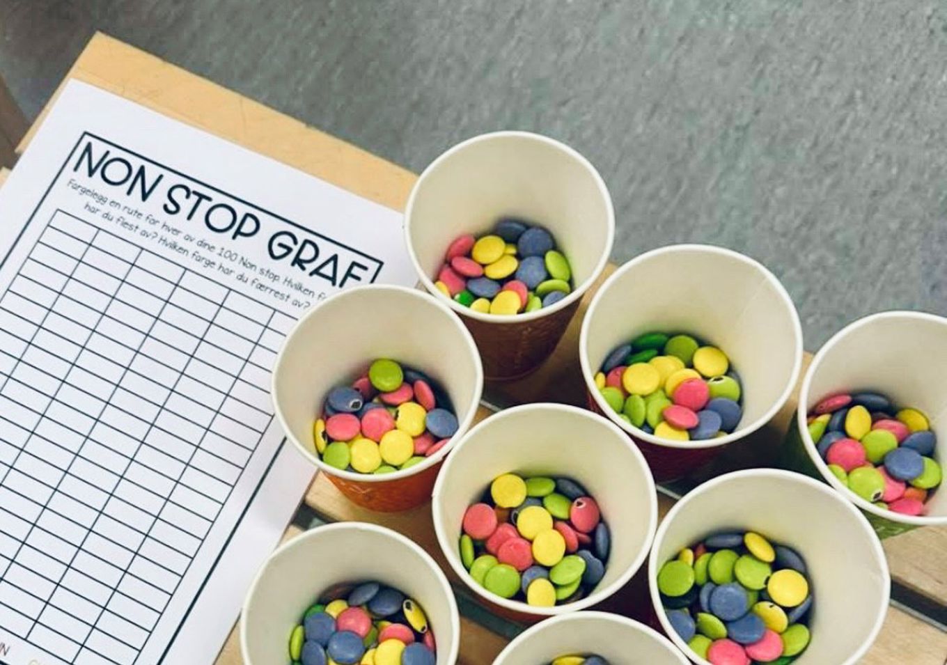Flere plastkopper med fargerikt godteri og et oppgaveskjema: tell til 100 og sorter godteriet etter farge.