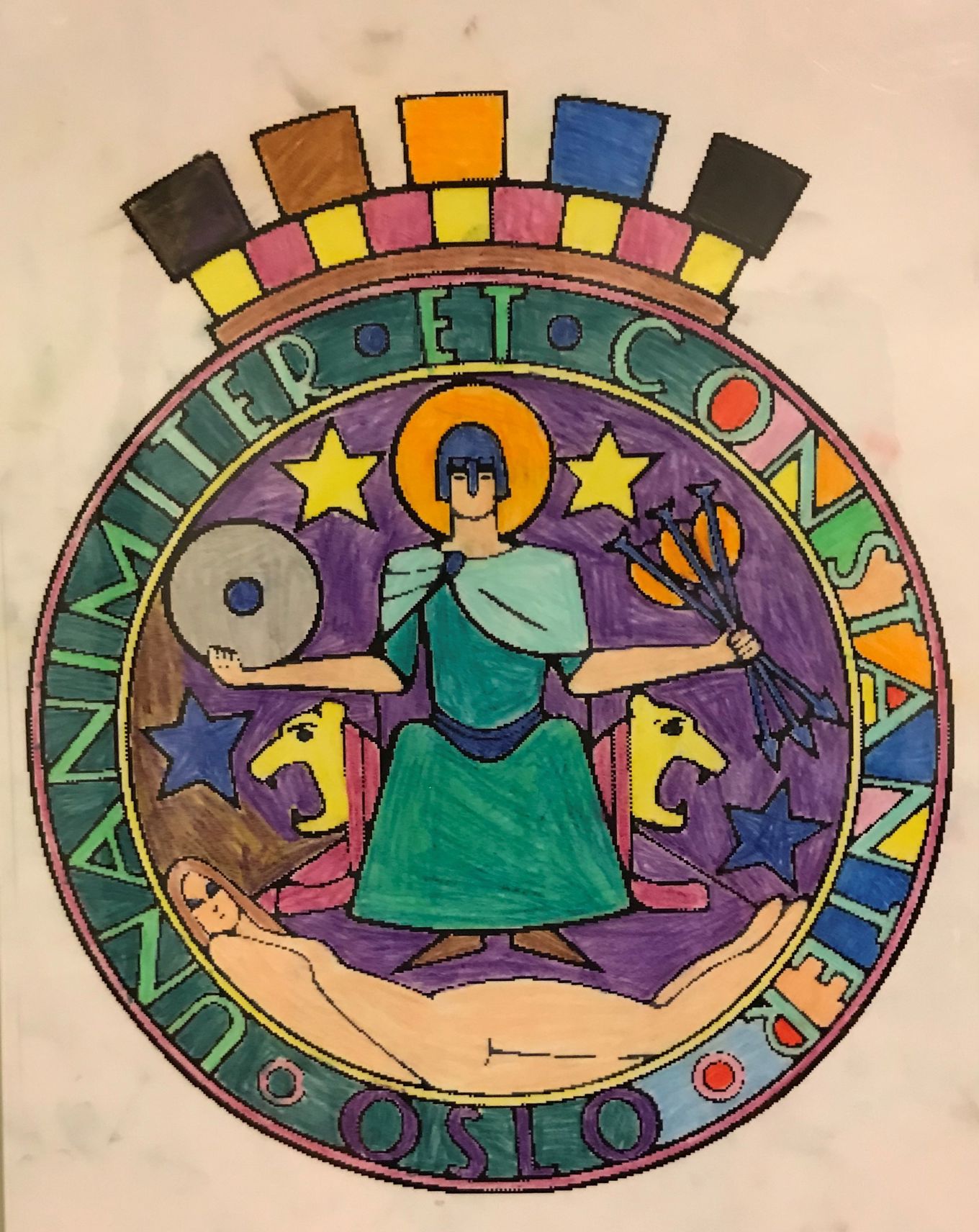 Oslos byvåpen fargelagt kreativt og fritt.