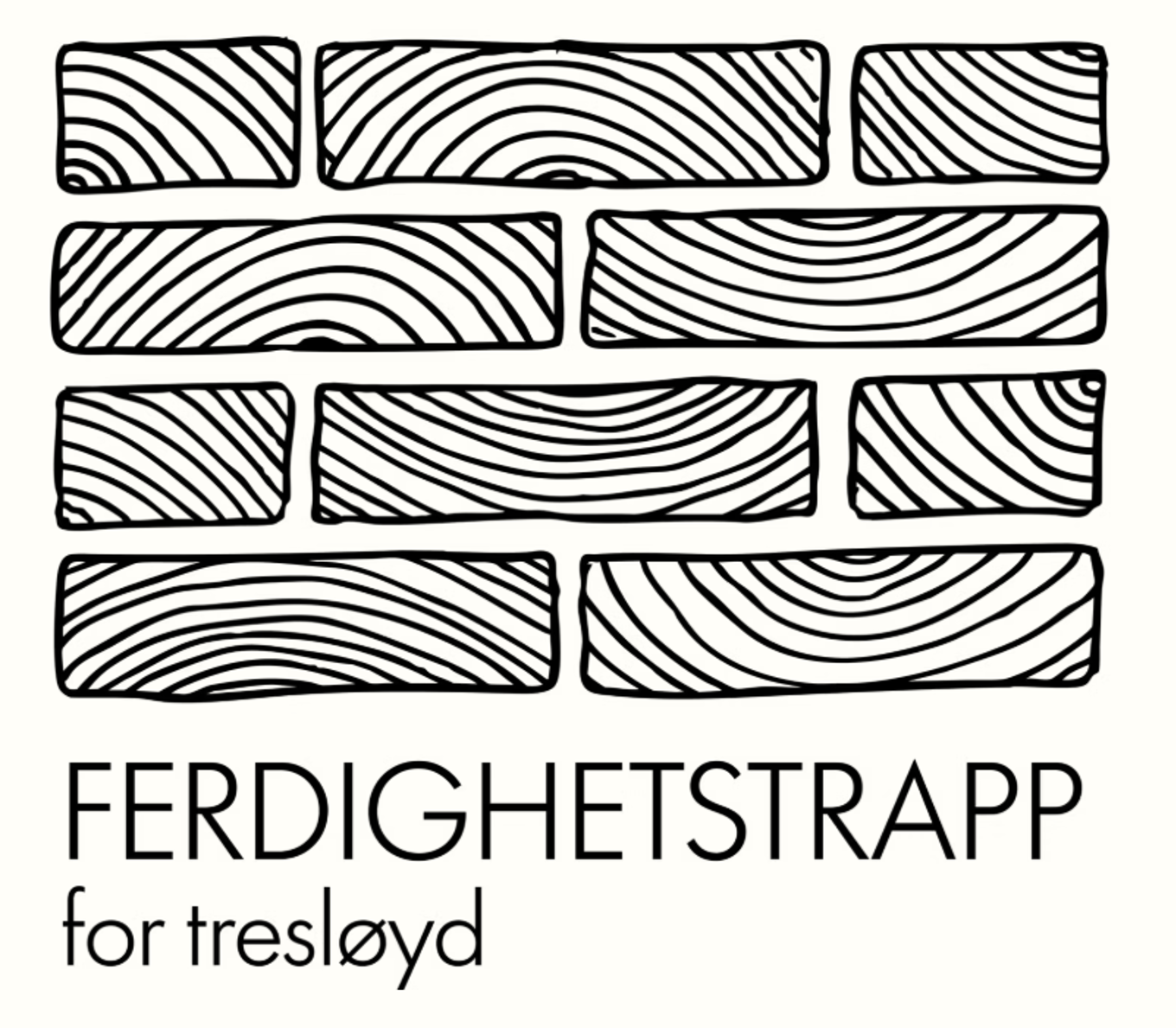 Logo for ferdighetstrapp for tresløyd. Endestykker av tre med årringer tegnet i svart-hvitt og stablet oppå hverandre.
