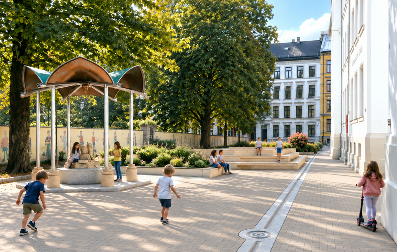 Illustrasjonsbilde som viser Egedes gate omgjort til skolegård og lekeplass med planter og en paviljong. Noen barn som løper og leker.
