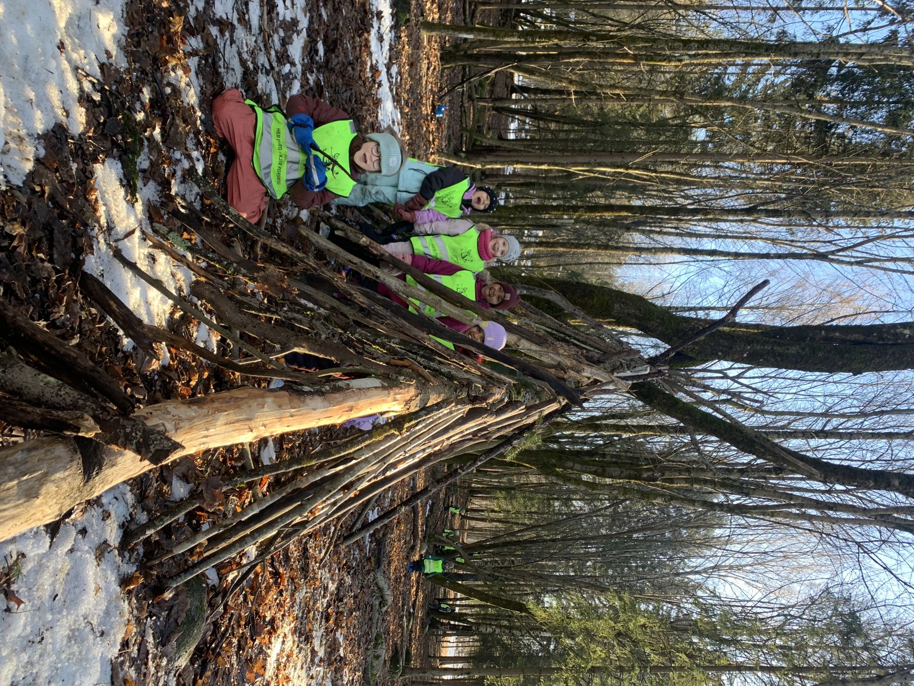 Førsteklassinger bygger hytte over en veltet trestamme.