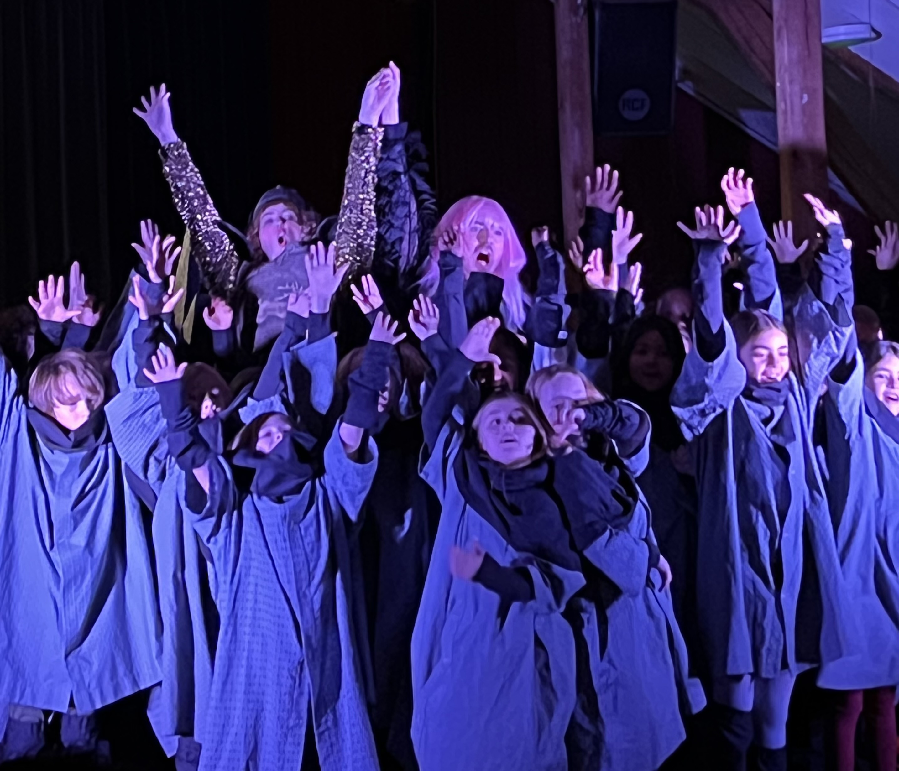 Elever og sangere står med hendene i været og synger opera.