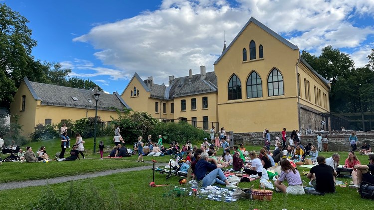 Piknik i parken ved Gamlebyen skole. Barn og voksne i parken. Bispegården i bakgrunnen.