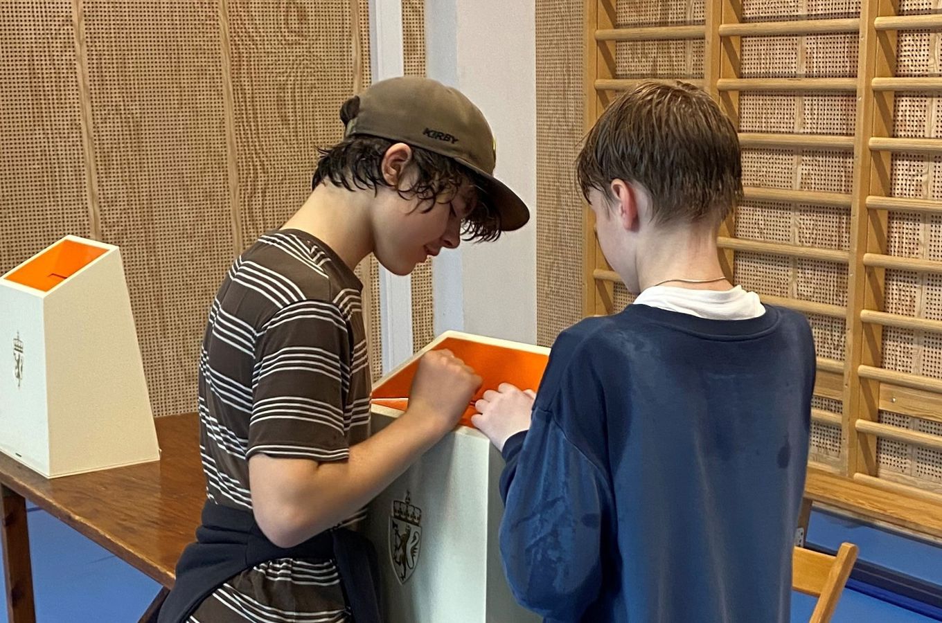 To elever ser ned i ei stemmeurne med riksvåpen på.