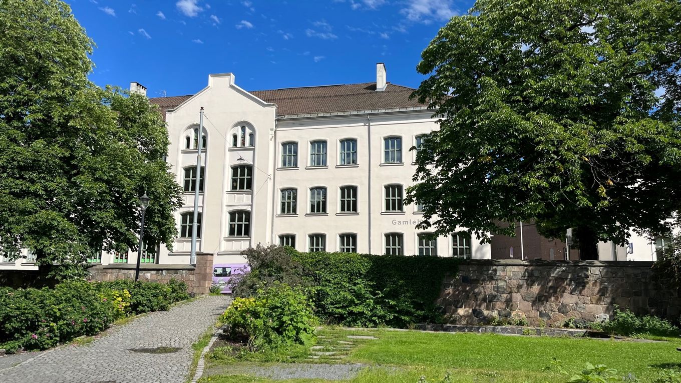 Gamlebyen skole sett fra parken. Sommer. Store trær.